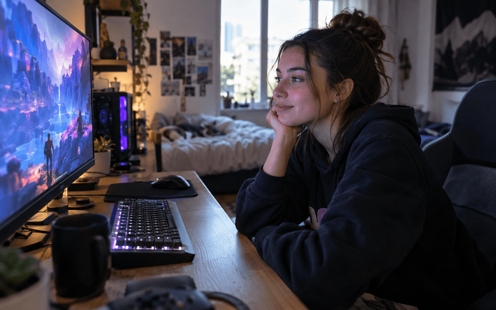 Une gameuse regarde le direct d’un streamer depuis son bureau